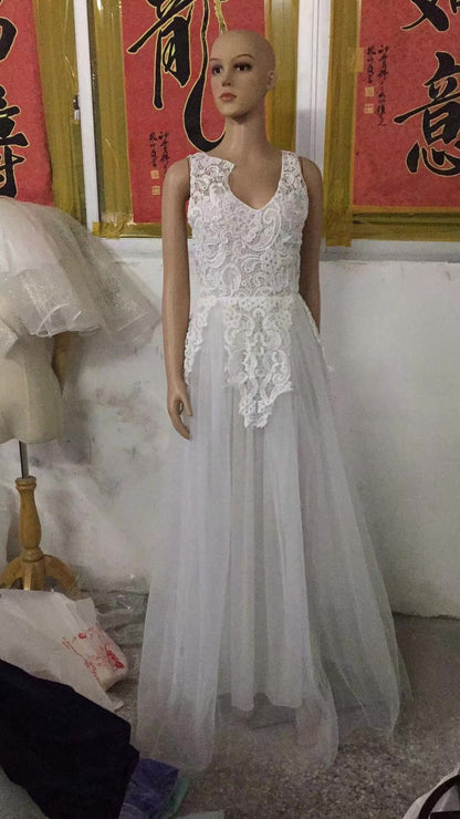 Women Wedding Dress Sleevless Flowers Lace Dress - GM Traders