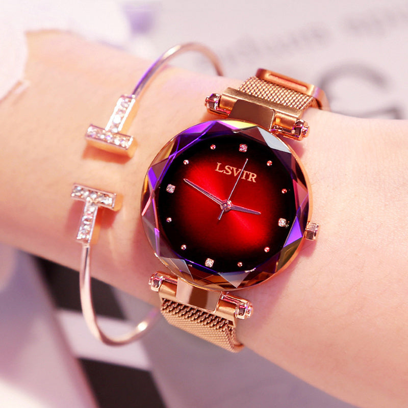 Rose gold diamond Starry Sky women’s watch with red face