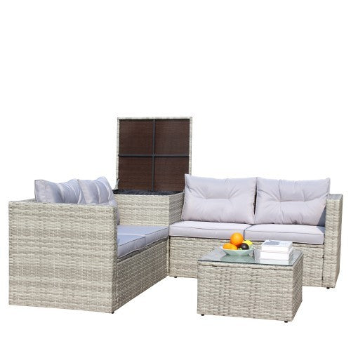 4 Piece Patio Sectional Wicker Rattan Outdoor Furniture Sofa Set With Storage Box Grey - GM Traders