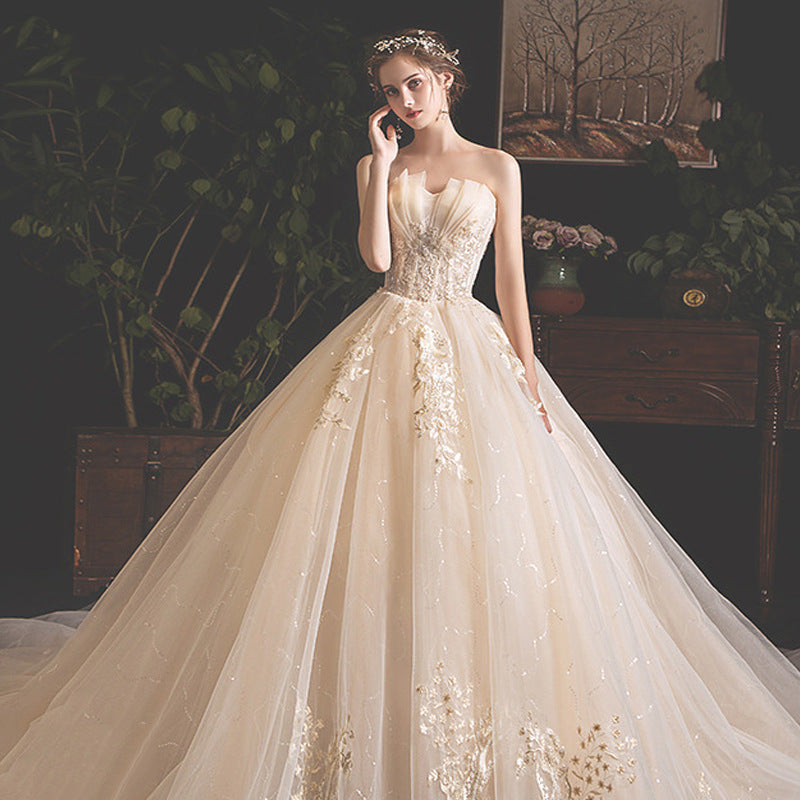 Bride Summer Tube Top Mori Style Dress | Light Champagne Trailing Long Skirt Gown
