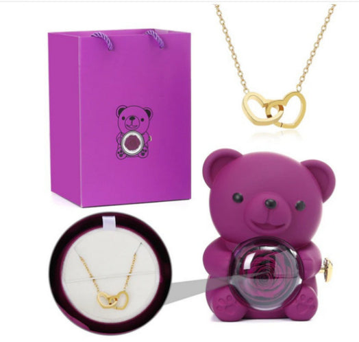 Eternal Rose Teddy Bear Gift Box with Necklace & Rotate Jewelry Case - Valentine's & Wedding Gift for Her