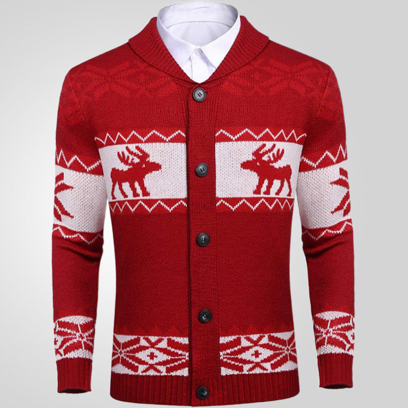 Men’s Christmas Jacquard Button Cardigan Sweater Coat – Holiday Knitwear