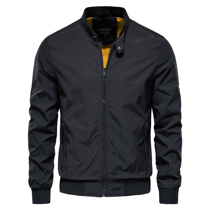 Men’s Casual Solid Zip-Up Jacket – Stand Collar Long Sleeve Outerwear with Pockets