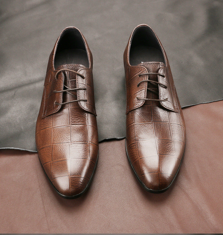 Men's Leather Shoes Cowhide Checkered Single Shoes Handmade Derby Shoes Pointed Leather Men's Shoes - GM Traders