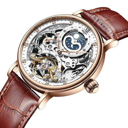 New KINYUED genuine automatic leather men's watch watches hollow mechanical watches travel time accurate - GM Traders