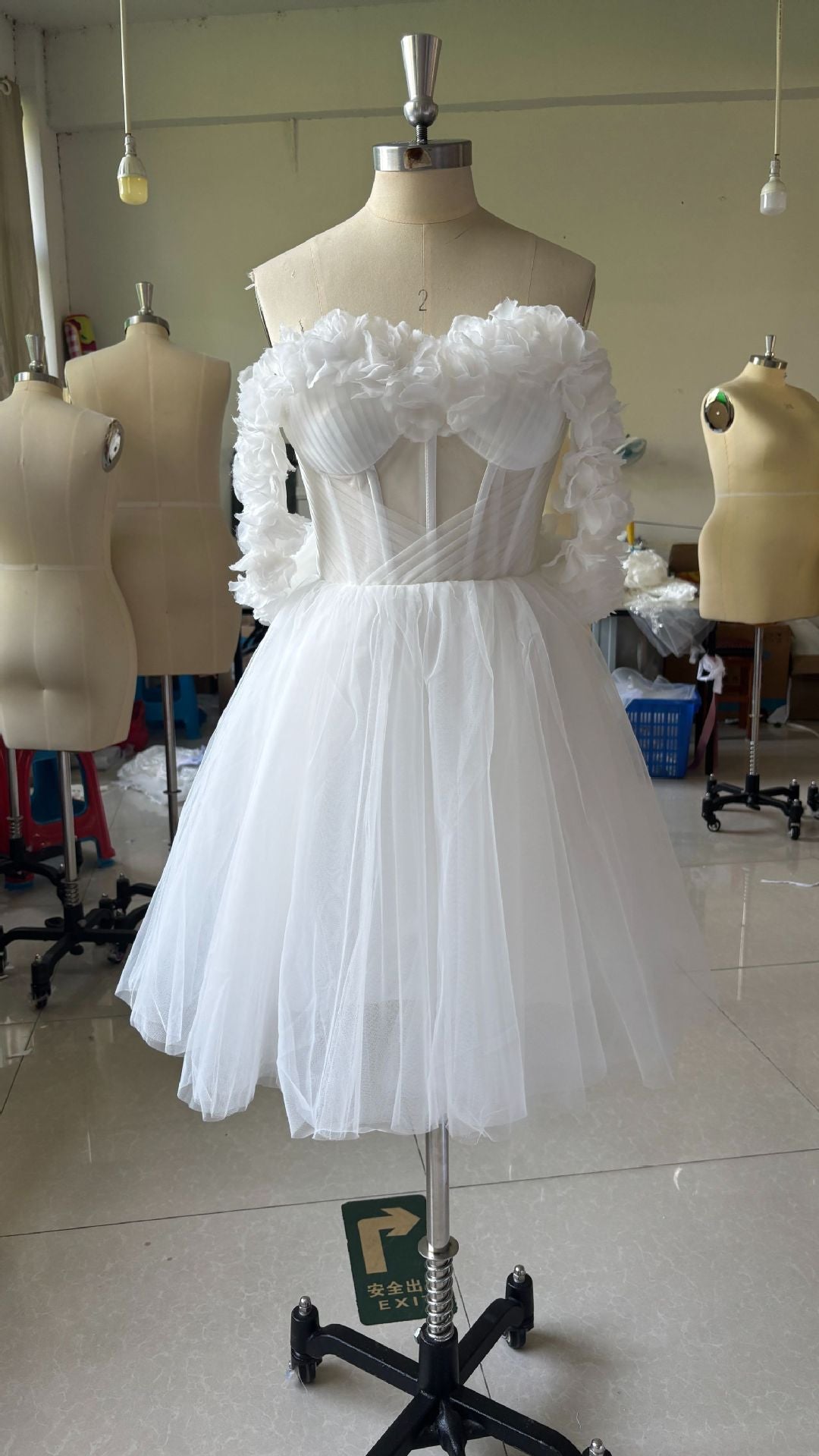 Ivory Lace Off-Shoulder Mini Wedding Dress | Short Sleeve-less Elegant Bridal Gown