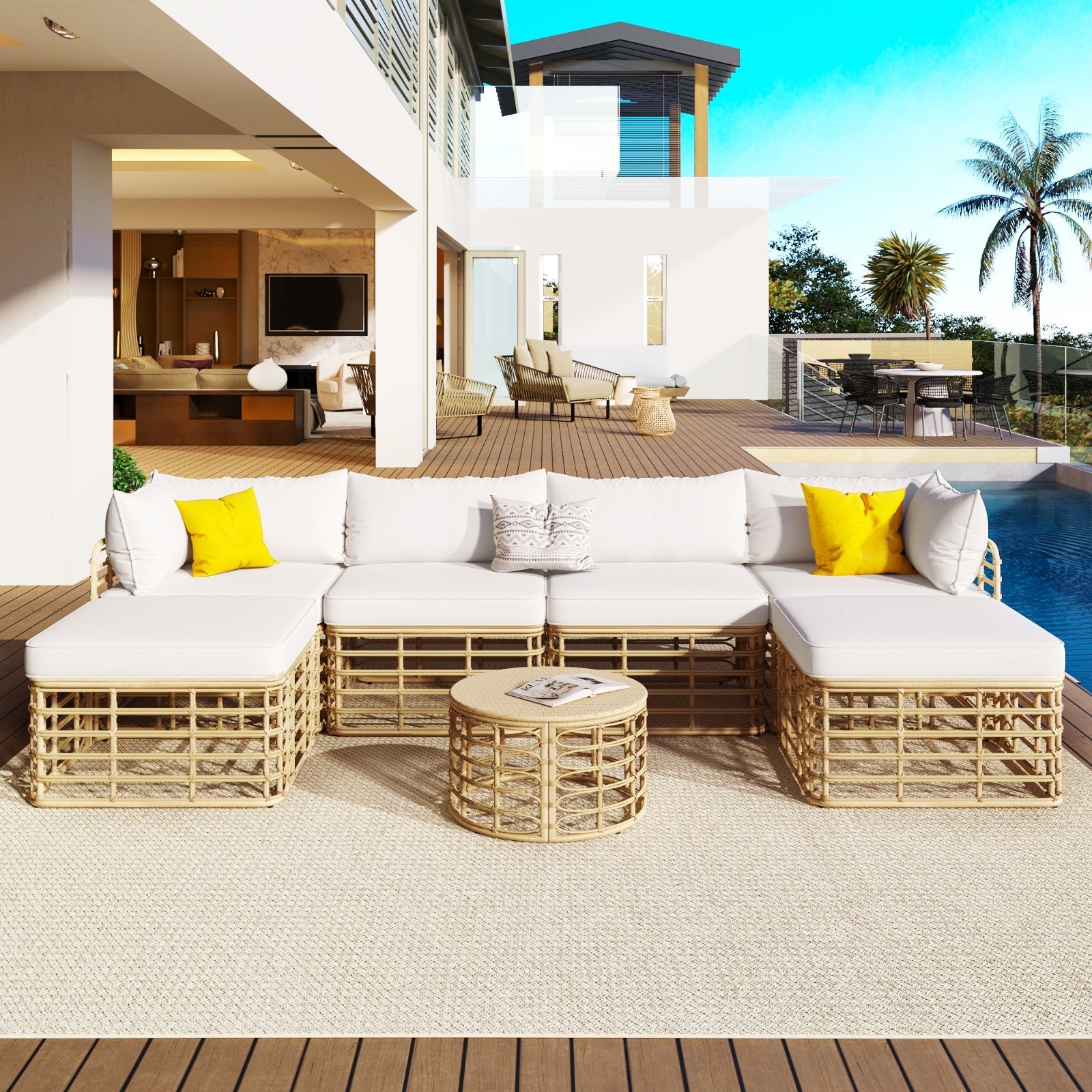 GO 7 Pieces Outdoor Patio Furniture, All-Weather Rattan Sectional Sofa Set With Thick Cushions And P - GM Traders