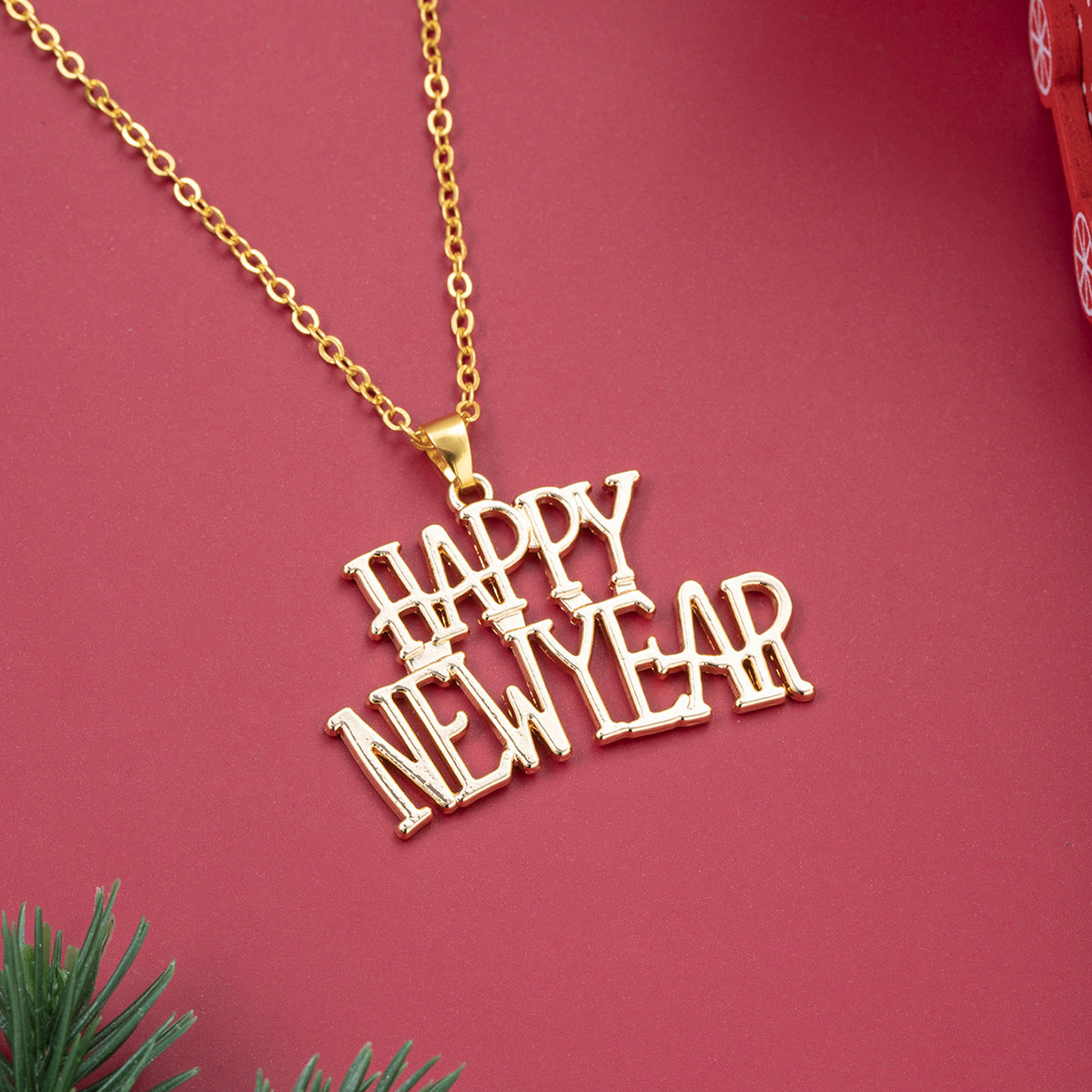Happy New Year English Letter Necklace – Fashion Classic Unisex Pendant Jewelry | Gold, Silver, Red, Green | Dubai | London | USA | UK | Europe | Canada | Australia
