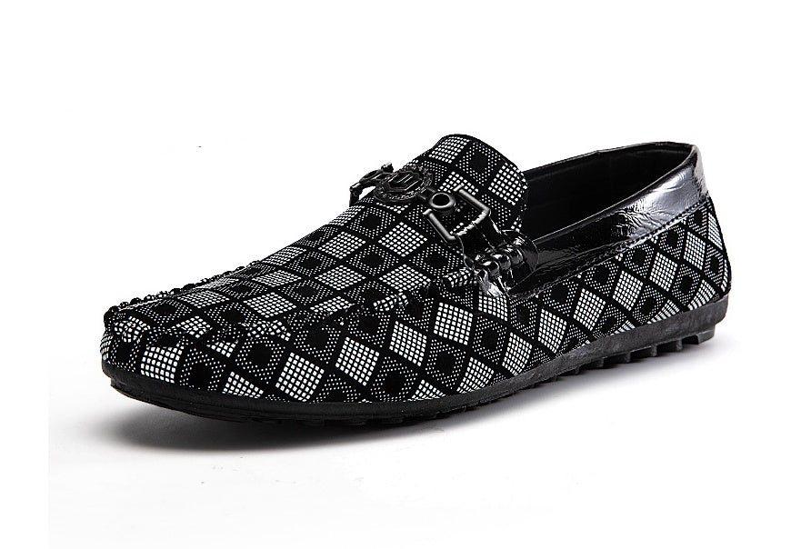 Gleam Manor Lazy Man plaid shoes: black silver geometric loafers