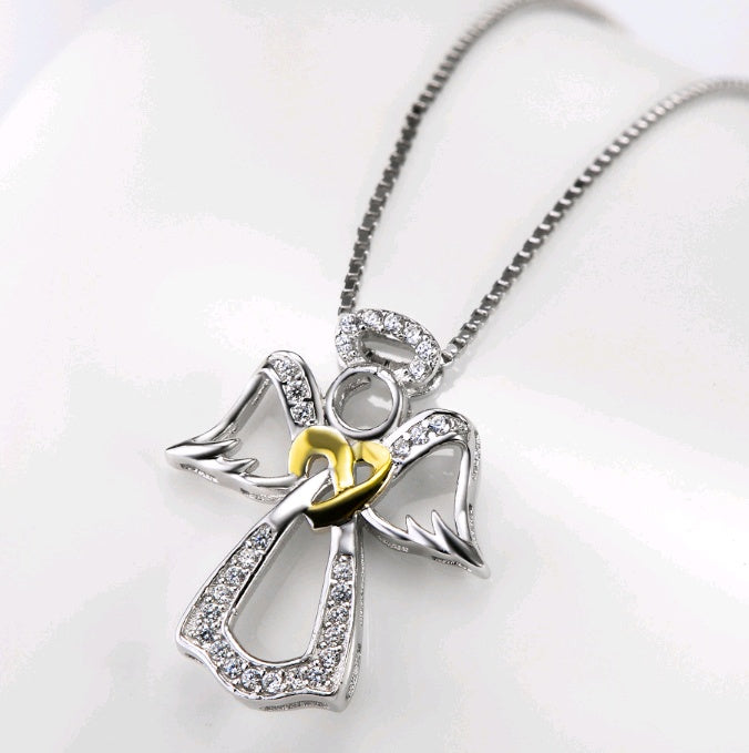 S925 sterling silver heart-shaped diamond-studded item Angel gold-plated pendant necklace - GM Traders