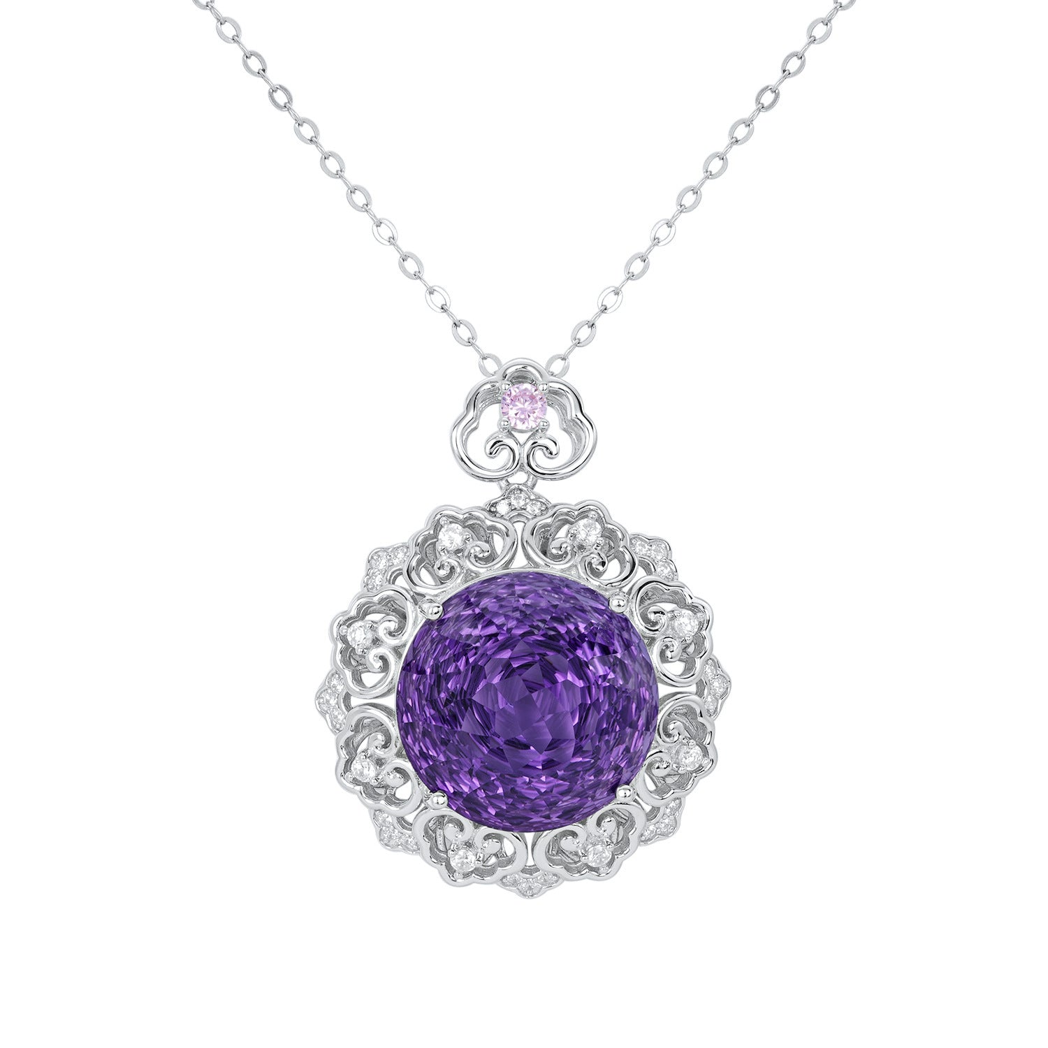 Luxurious S925 Silver Set Natural Amethyst Pendant Female Vintage Pattern Senior Jewelry Quality Sweater Chain - GM Traders