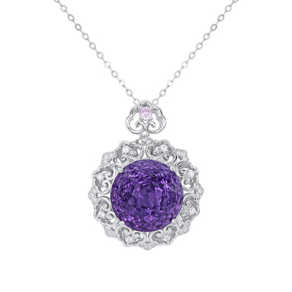 Luxurious S925 Silver Set Natural Amethyst Pendant Female Vintage Pattern Senior Jewelry Quality Sweater Chain - GM Traders