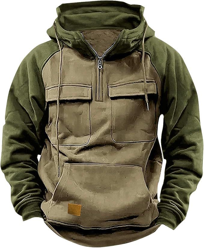 Fall Winter Retro Cargo Half-Zip Hoodie for Men – Thick Fleece Multi-Pocket Outdoor Jacket | Dubai UK USA