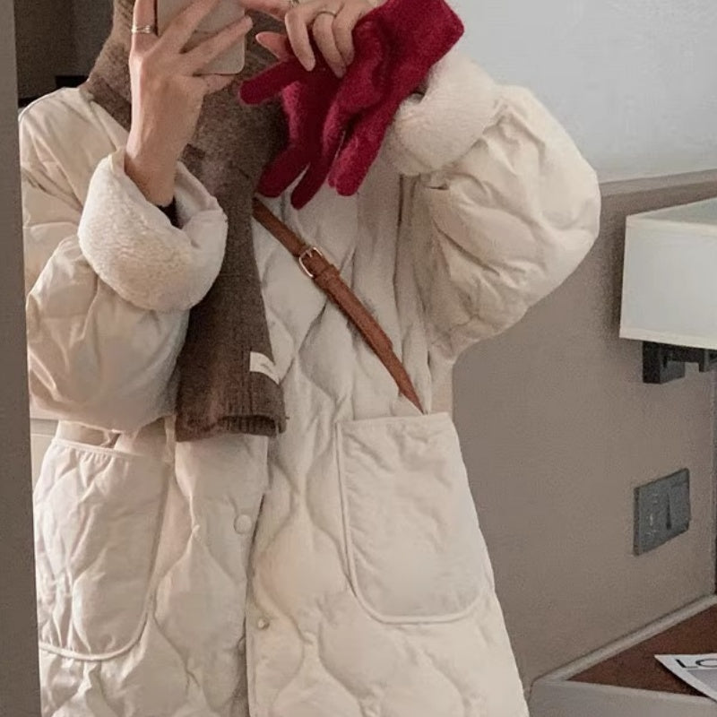 Collarless Fleece Lightweight Korean-Style Diamond Cotton Jacket – Apricot & Black (S–XL)