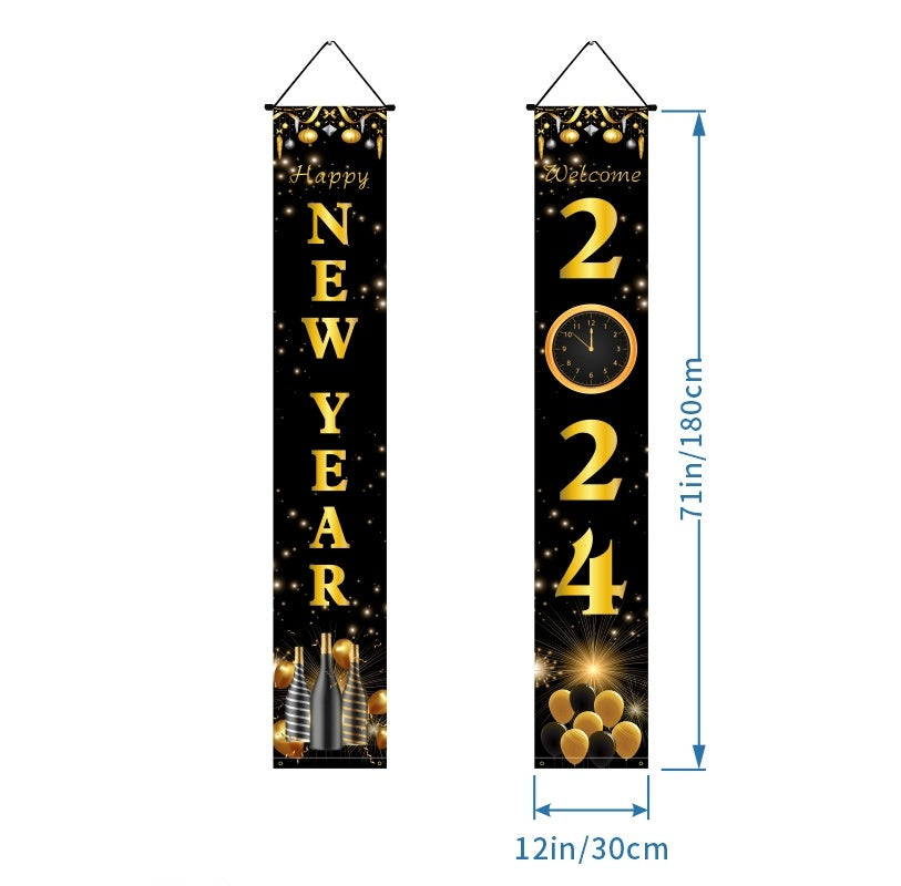 New Year Party Door Curtain Decoration – Black & Gold Photo Couplet | Spring Festival & New Year Holiday Decor | 30×180cm | Dubai | London | USA | UK | Europe | Canada | Australia