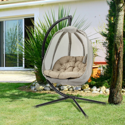 Outsunny Hanging Egg Chair, Folding Texteline Swing Hammock With Side Pocket, Cushion And Stand For Indoor Outdoor, Patio Garden Furniture, Khaki - GM Traders