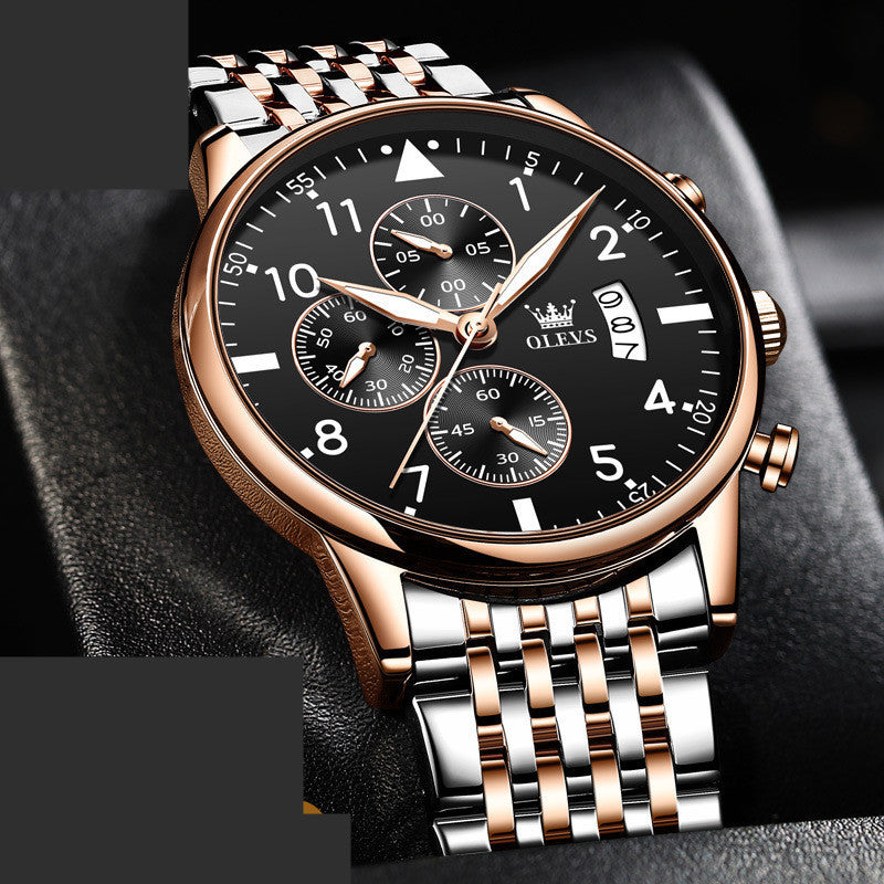 Rose gold and silver chronograph watch with black dial, night light, small three pin