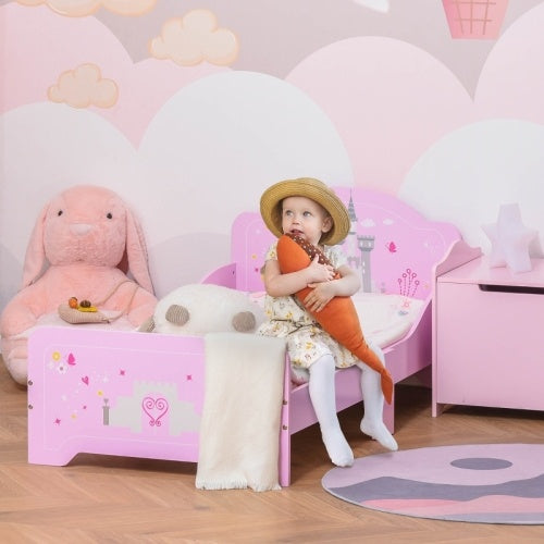 HOMCOM Kids Bed Princess Castle Theme W Side Rails Slats Home Furniture For 3 - 6 Yrs Pink 143 X 73 X 60 Cm