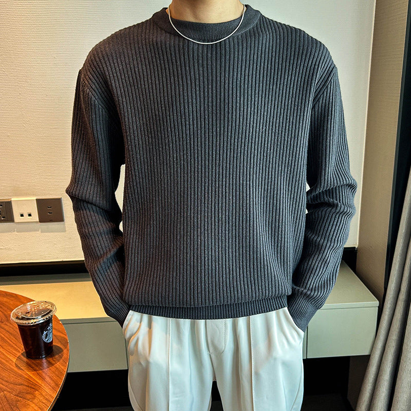 Men’s Thick Ribbed Round Neck Sweater – Autumn & Winter Warm Knitted Casual Pullover