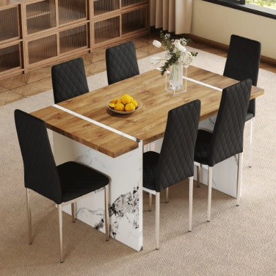Table And Chair Set.Natural Wood Grain MDF Dining Table  55x31.5 Inch.Paired With 6 Modern Style Dining Chairs In Light Gray, Essential For Minimalist Homes.Blending Into Various Home Environments. - GM Traders