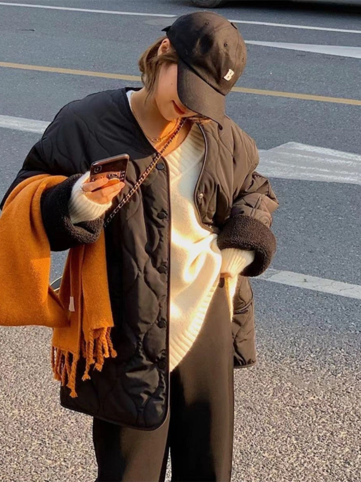 Collarless Fleece Lightweight Korean-Style Diamond Cotton Jacket – Apricot & Black (S–XL)