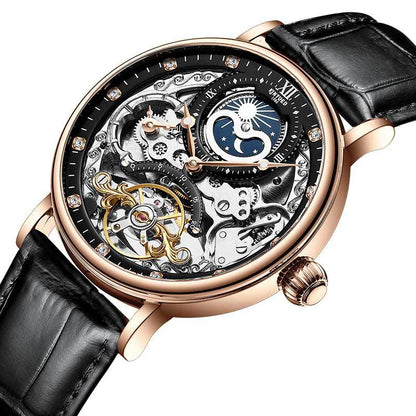 New KINYUED genuine automatic leather men's watch watches hollow mechanical watches travel time accurate - GM Traders