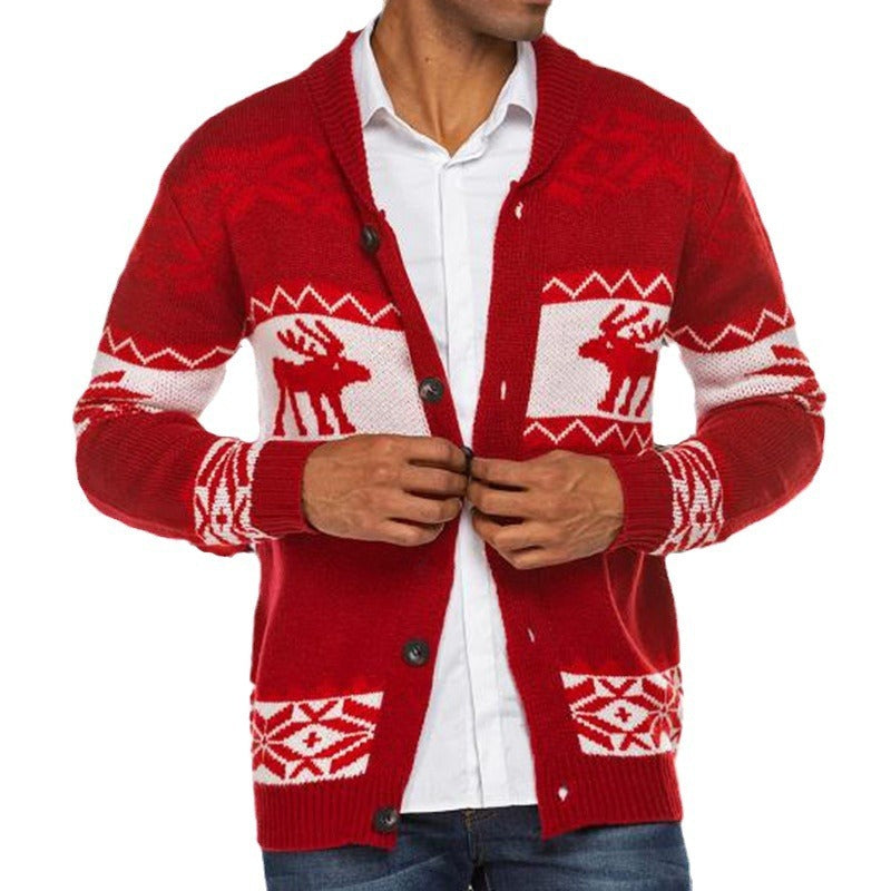 Men’s Christmas Jacquard Button Cardigan Sweater Coat – Holiday Knitwear