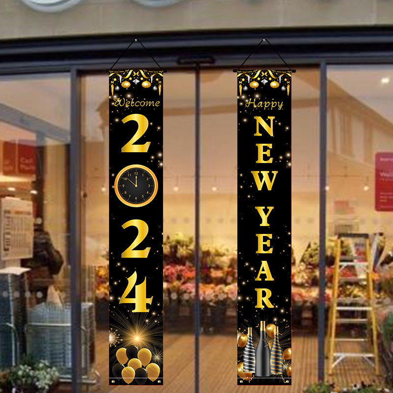 New Year Party Door Curtain Decoration – Black & Gold Photo Couplet | Spring Festival & New Year Holiday Decor | 30×180cm | Dubai | London | USA | UK | Europe | Canada | Australia