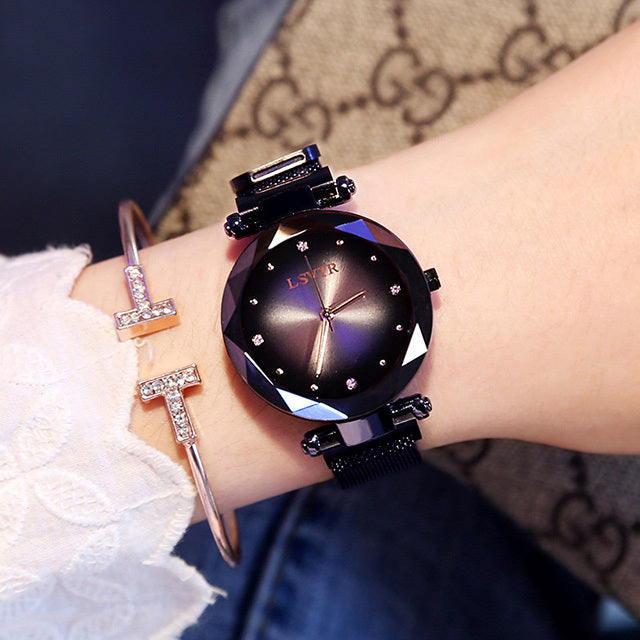 Rose gold diamond Starry Sky women’s watch with black mesh strap
