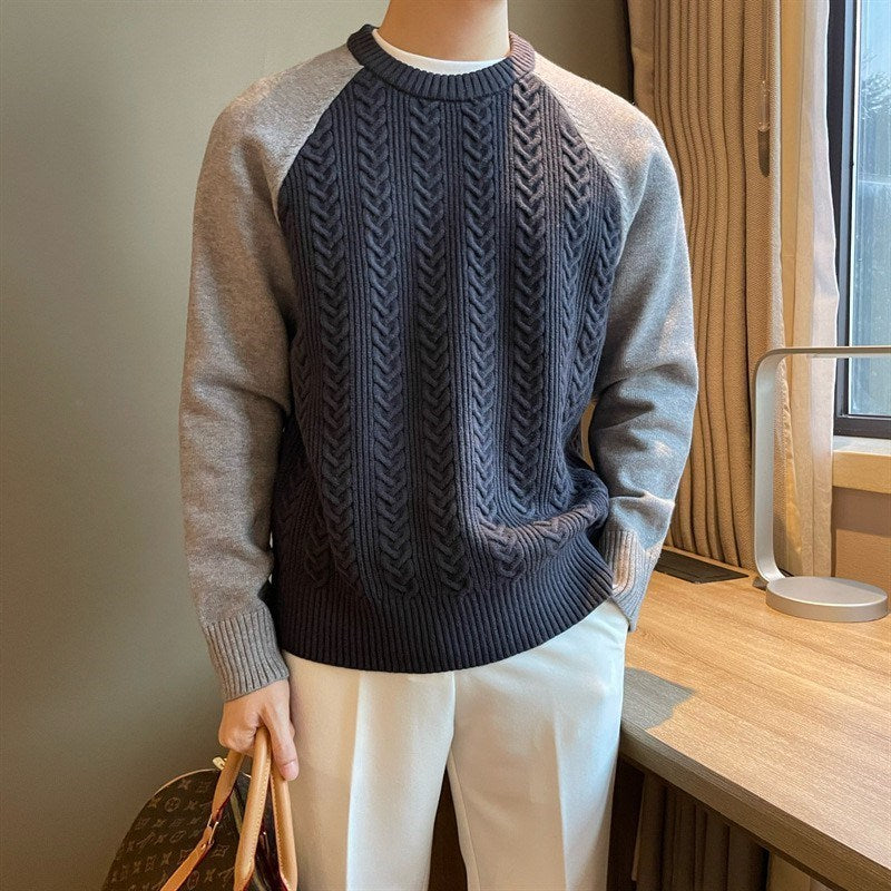 Men’s Thickened Round Neck Cable Knit Sweater – Color-Blocked Casual Winter Pullover