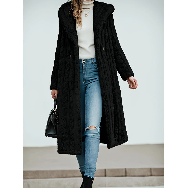 Long Hooded Wool Women's Coat – Solid Color Slim Fit Winter Jacket