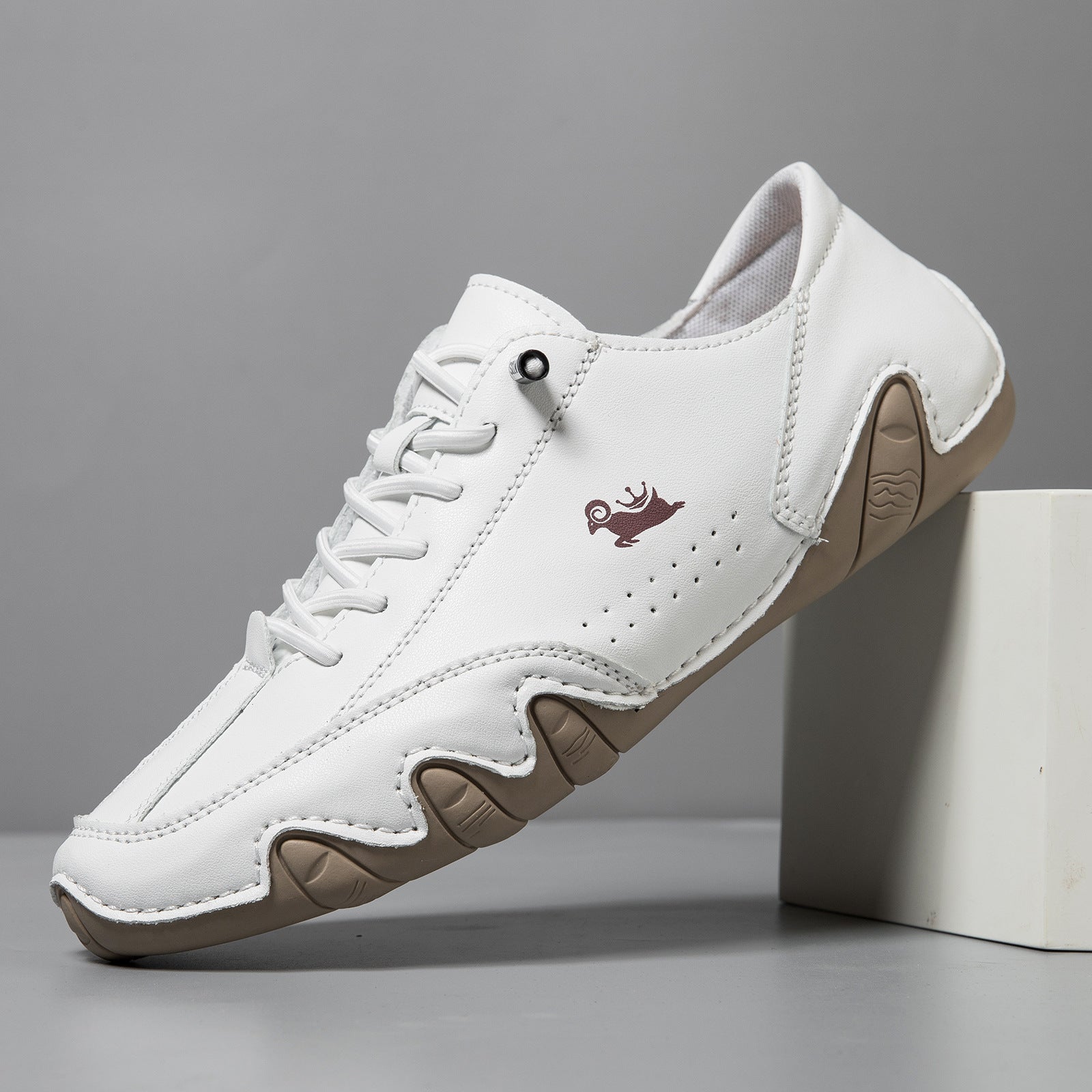 Gleam Manor white leather casual shoes lazy man octopus with bird design