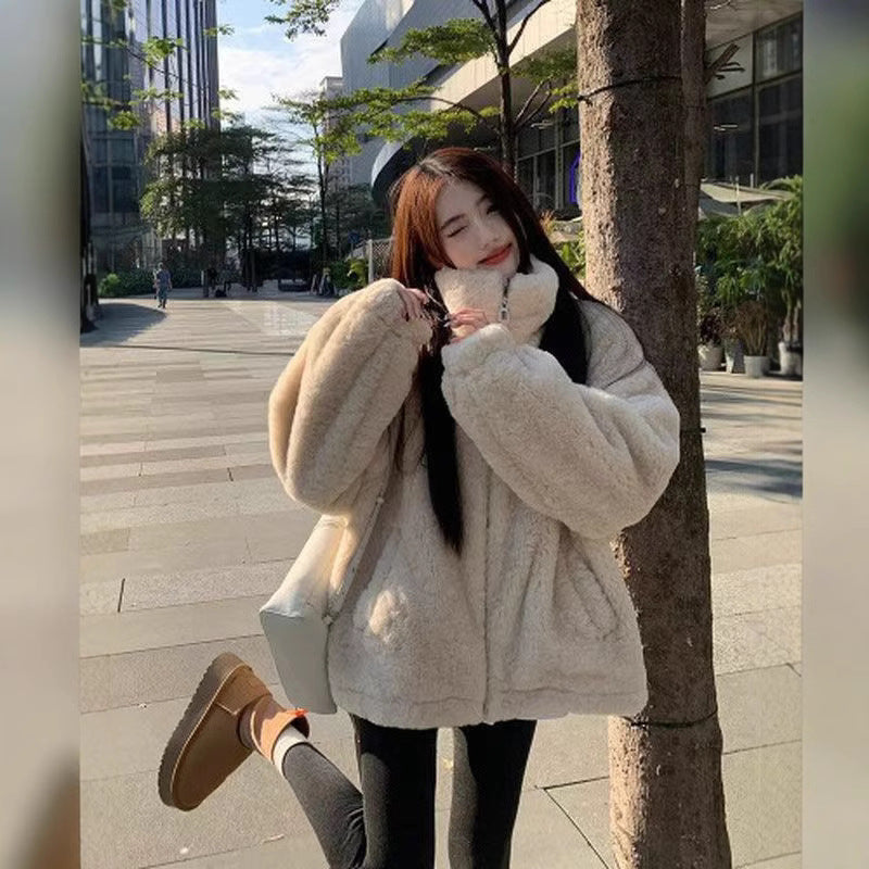 Loose Fluffy Thickened Petite Women's Coat – Apricot, Coffee, Pink & Black (S–XL) | Winter