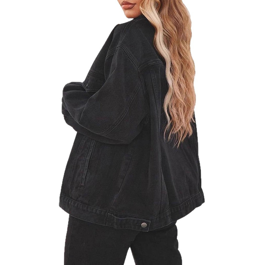 Fashion Denim Jacket Top for Women – Black Loose Fit (S–2XL)