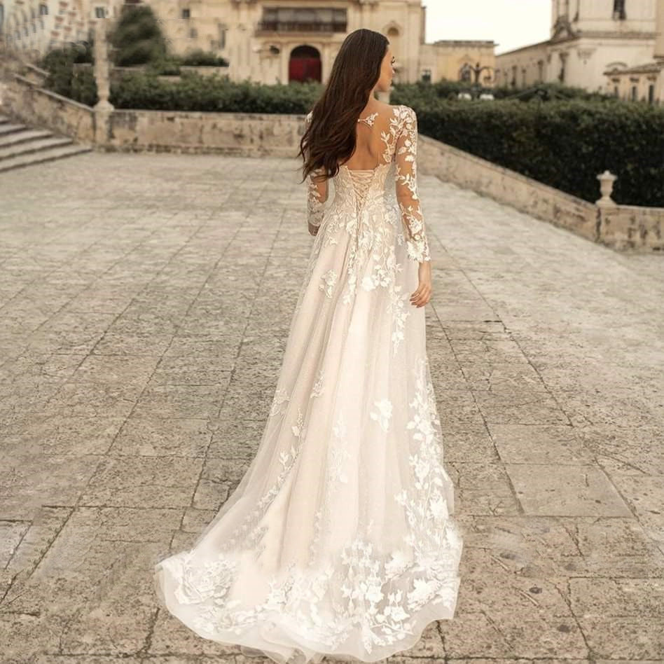 Long Sleeve Mori Style Wedding Dress – Simple Round Neck Bridal Gown