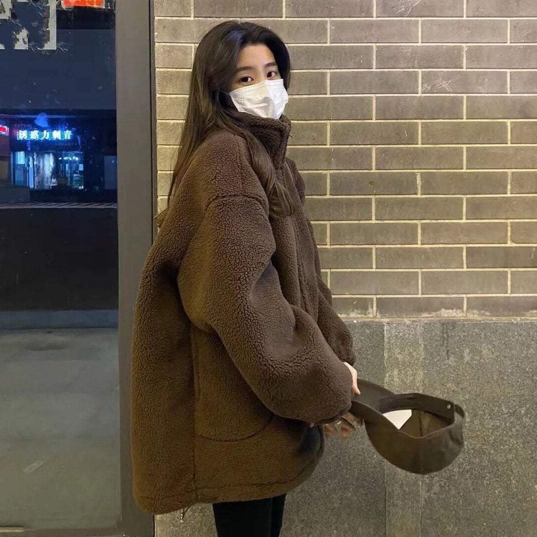 Thickened Particle Lamb Fleece Coat for Women – Beige & Brown Regular Fit (S–2XL) | Winter