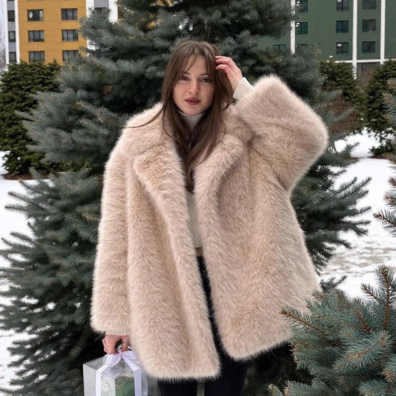 Women’s Mid-Length Fur Coat – Warm Autumn Winter Street Style Jacket