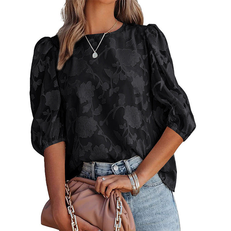 Women’s Puff Sleeve Chiffon Loose Top – Sweet Floral Embossed Shirt for Street & Casual Fashion