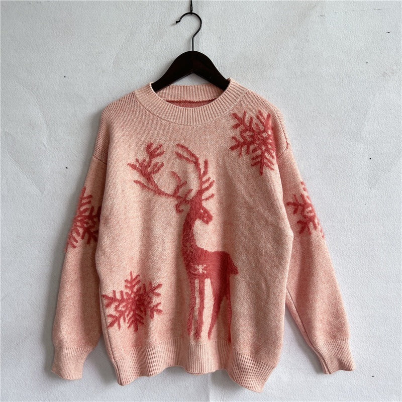 Women’s Fashion Round Neck Long Sleeve Knitted Christmas Sweater – Holiday Winter Pullover