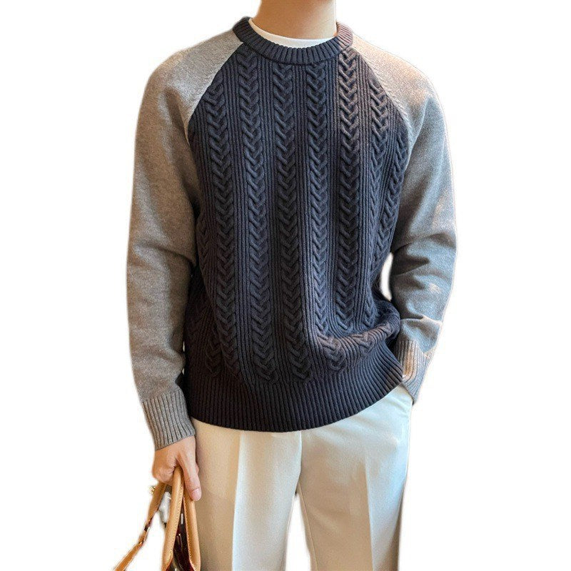 Men’s Thickened Round Neck Cable Knit Sweater – Color-Blocked Casual Winter Pullover