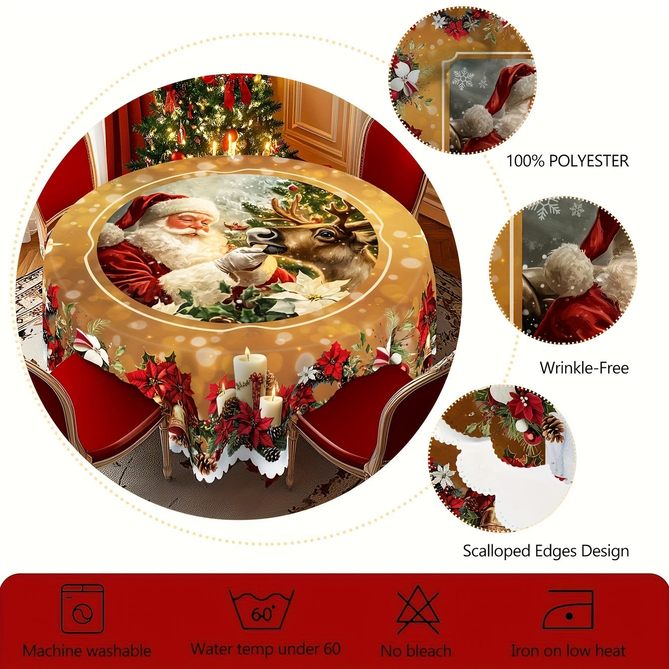 Christmas Round Tablecloth with Santa Claus – Holiday Table Flag for Festive Dining & Home Decoration