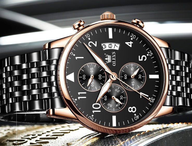 Rose gold black chronograph watch with night light, small three pin