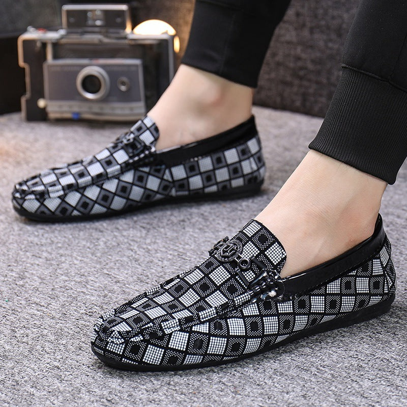 Black and white geometric plaid shoes with metallic buckle from Lazy Man at Gleam Manor