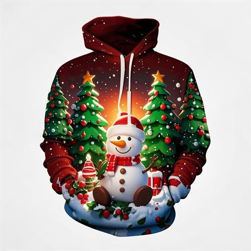 Christmas Snowman & Tree 3D Printed Hooded Sweatshirt – Winter Holiday Pullover Hoodie (S-6XL)