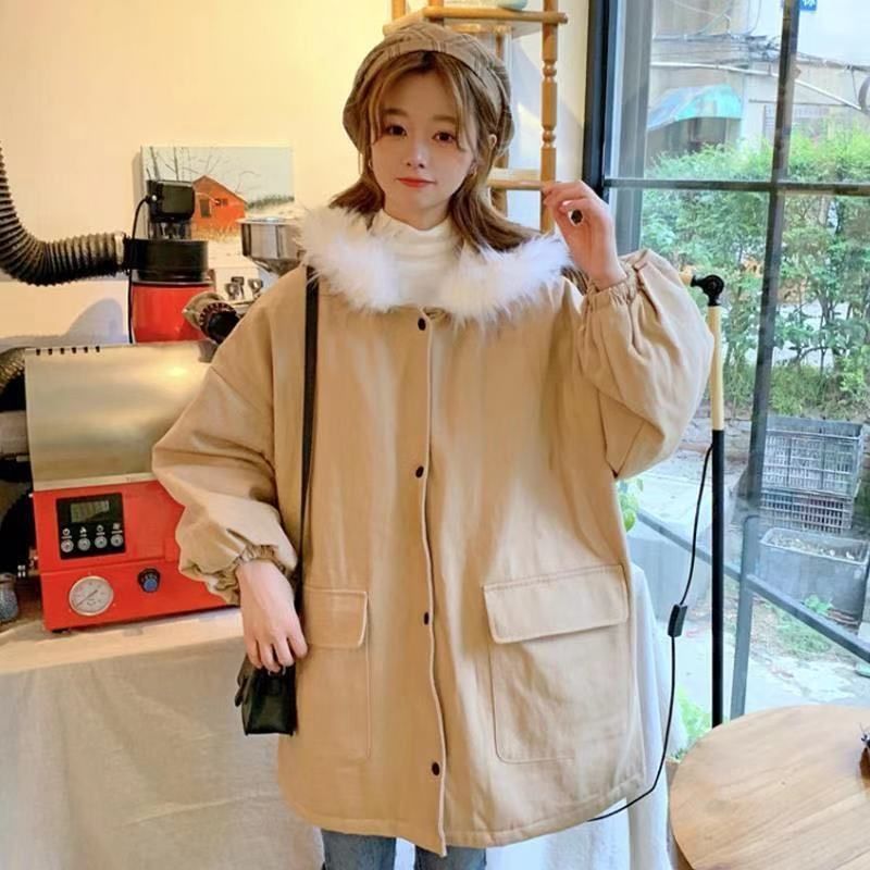 Mid-Length Loose Cotton Coat with Large Fur Collar – Apricot Geometric (S–2XL) | Winter