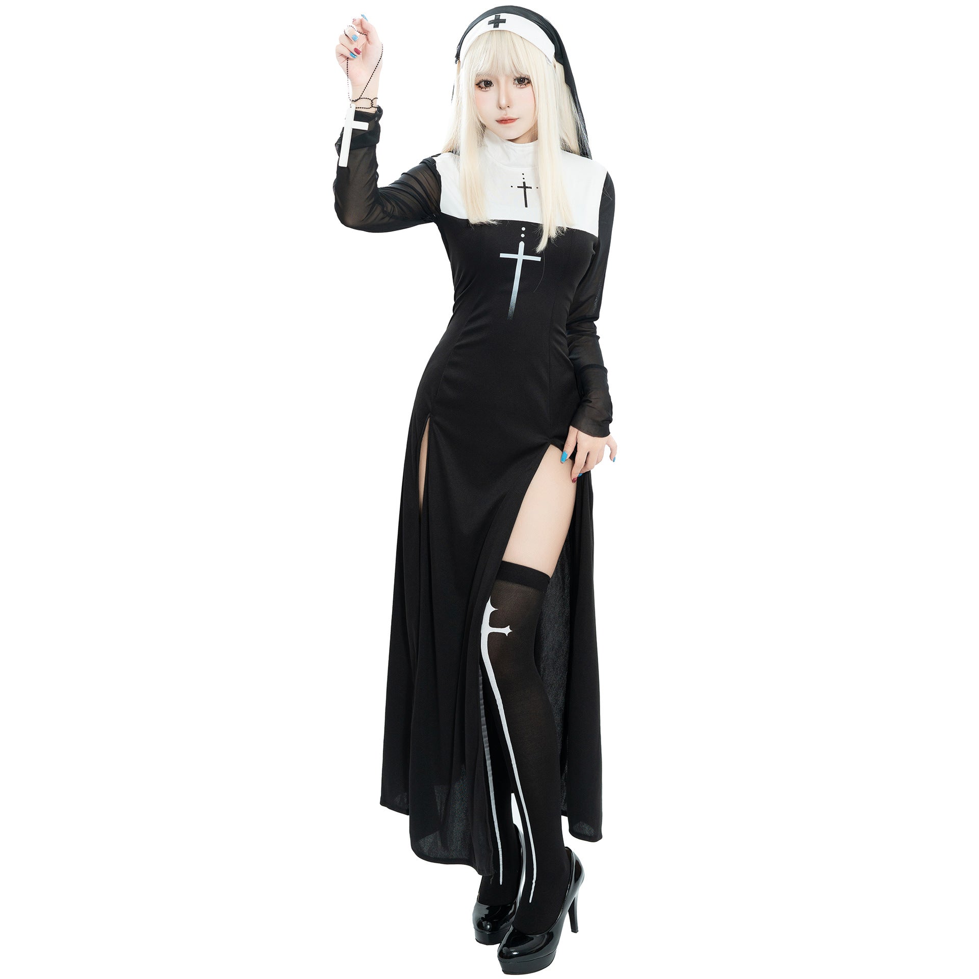 Women’s Role-Playing Halloween Nun Costume – Black Dress (S–XL)