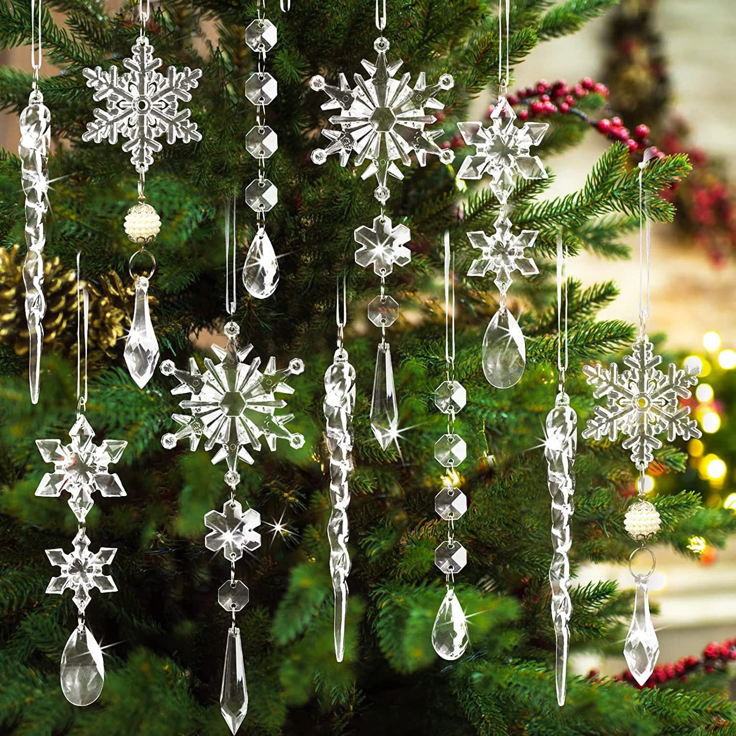 10pcs Christmas Tree Hanging Pendants Acrylic Ice Strip Snow Ceiling Ornaments ✨