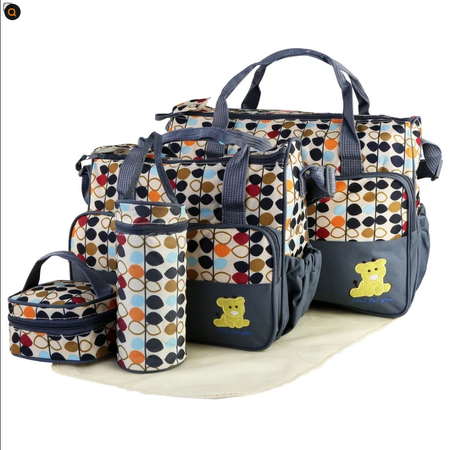 5PCS Baby Nappy Diaper Bags Set Mummy Diaper Shoulder Bags W Nappy Changing Pad Insulated Pockets Travel Tote Bags - GM Traders