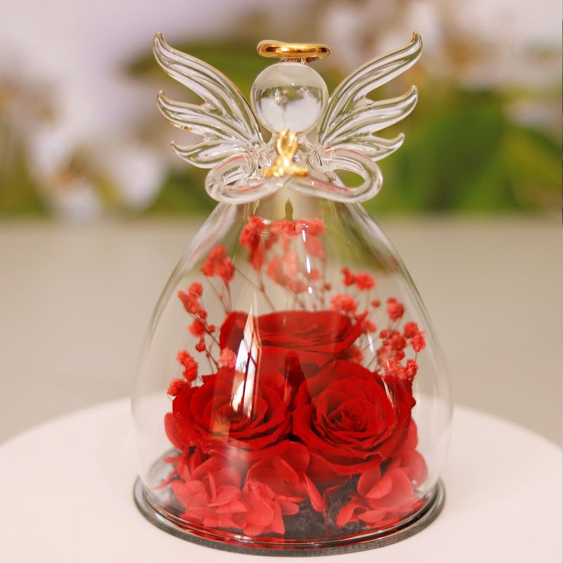 Eternal Flower Angel Glass Cover Dried Rose Gift Box - Christmas, Valentine's & Home Decor - Anniversary Gift