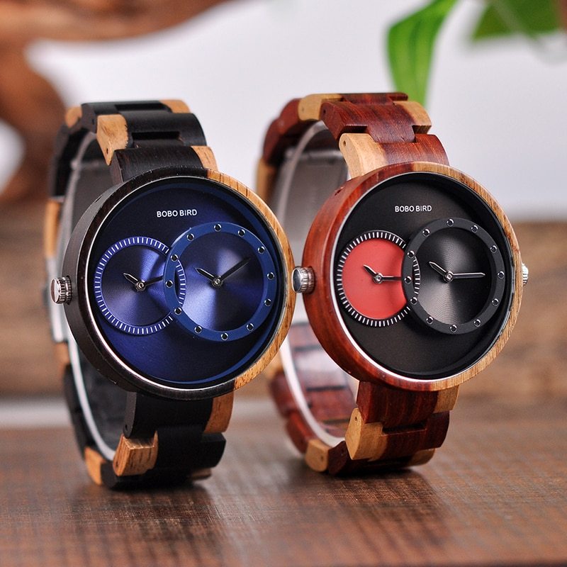 BOBO BIRD Thin Men Watch Original Wood Watches 2 Time Zone Display Quartz Wristwatch horloges mannen - GM Traders